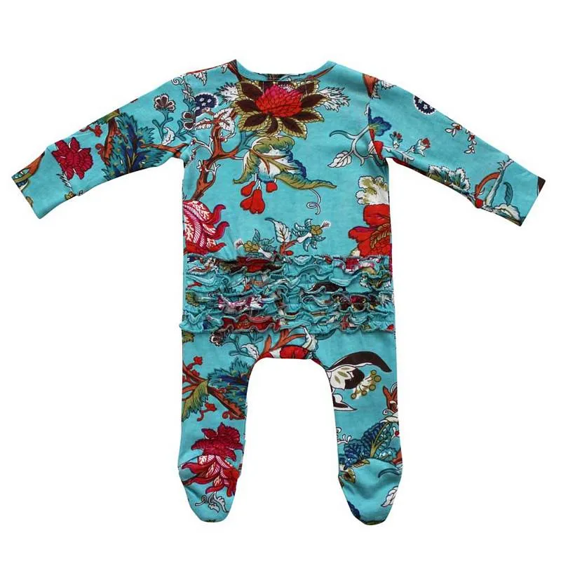 Teal Exotic Flower Baby Jumpsuit With Zip