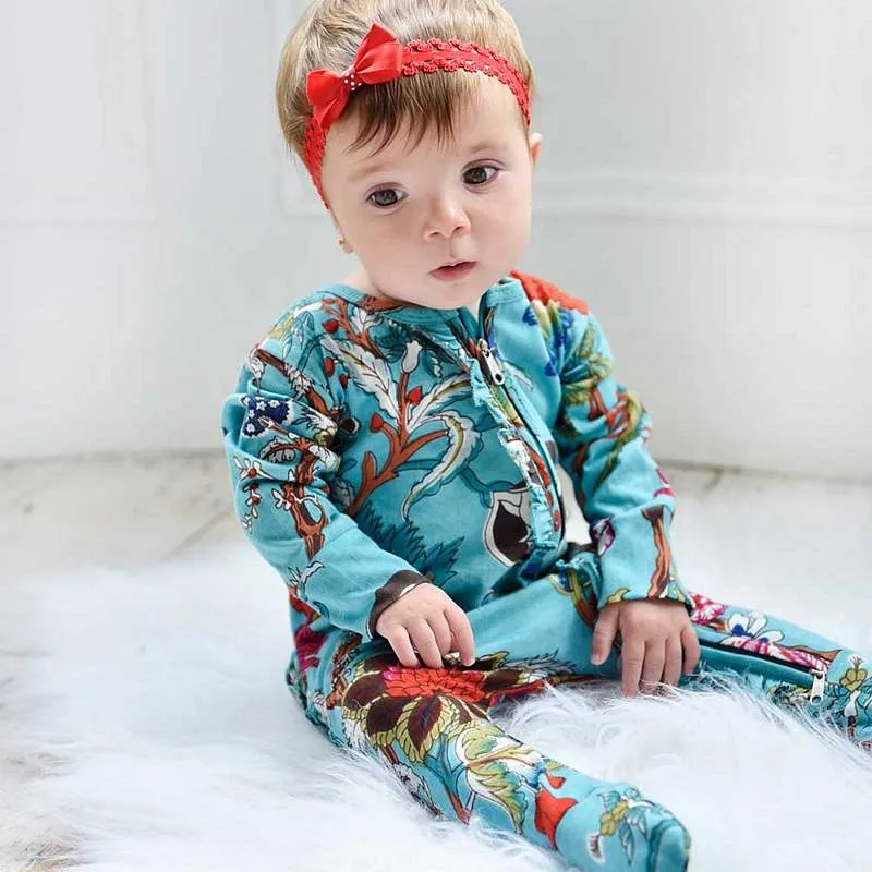 Teal Exotic Flower Baby Jumpsuit With Zip